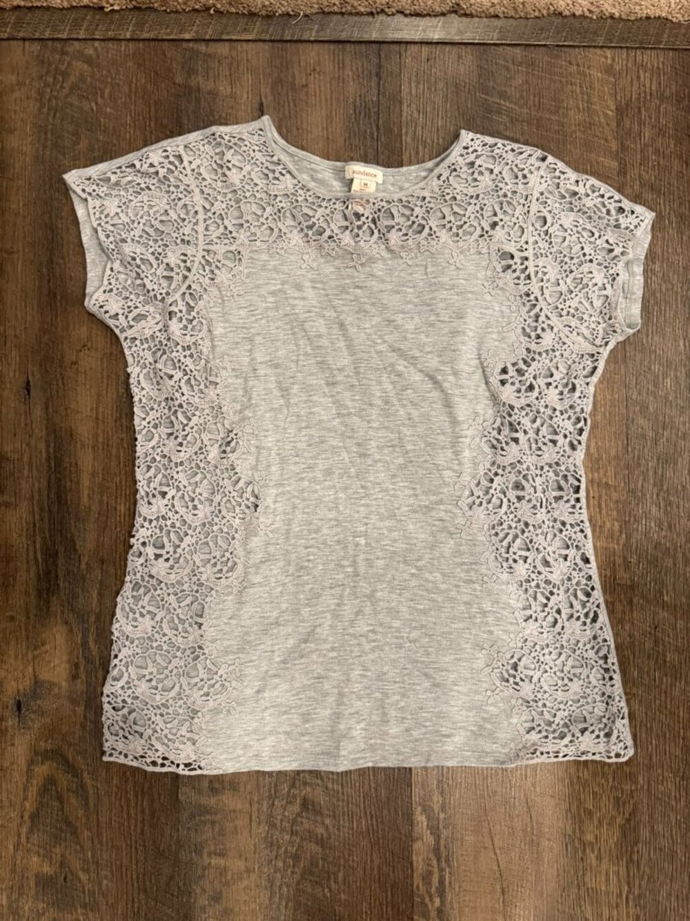 Sundance Lily’s Paramour Gray Tee shirt with Crocheted Lace Detail - Medium
